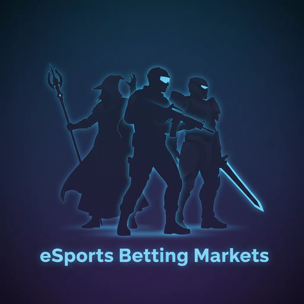 eSports betting markets graphic featuring Dota 2, CS2, LoL, Valorant with match winner, maps, totals, props, live options