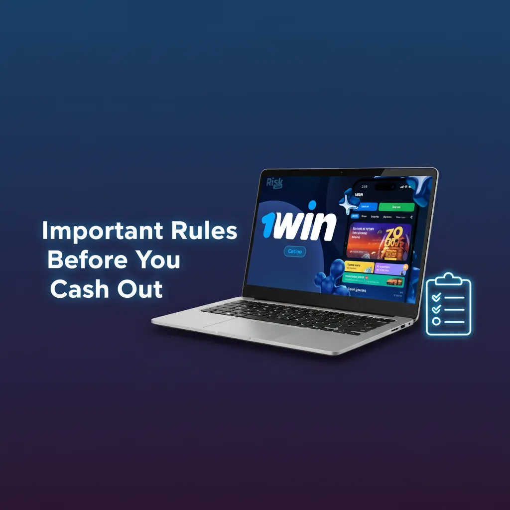 Graphic of 1win cashout rules: ID verification, own account only, bonus wagering applies, limits, same-channel withdrawals.