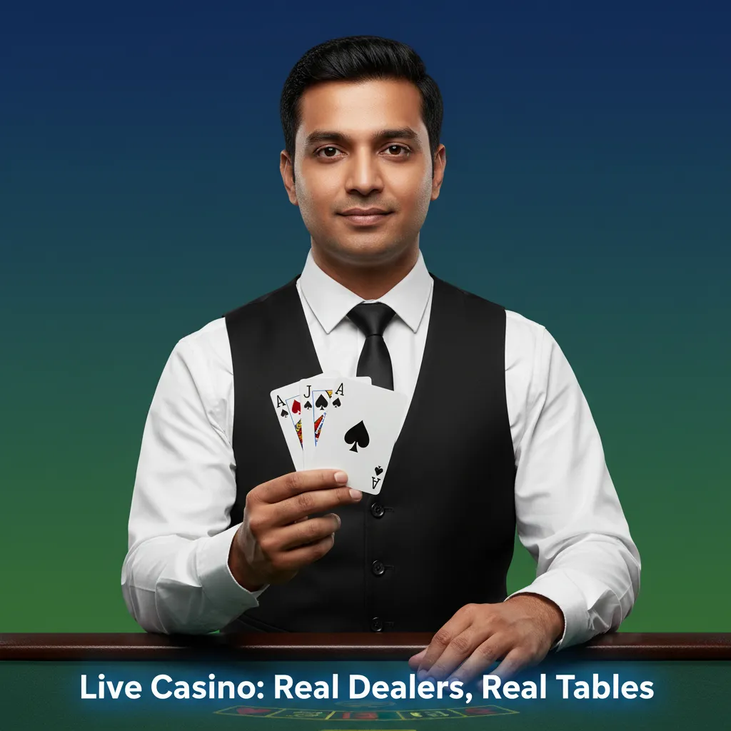 Live casino interface with real dealer at a studio table; games: Andar Bahar, Teen Patti, Blackjack, Roulette, game shows