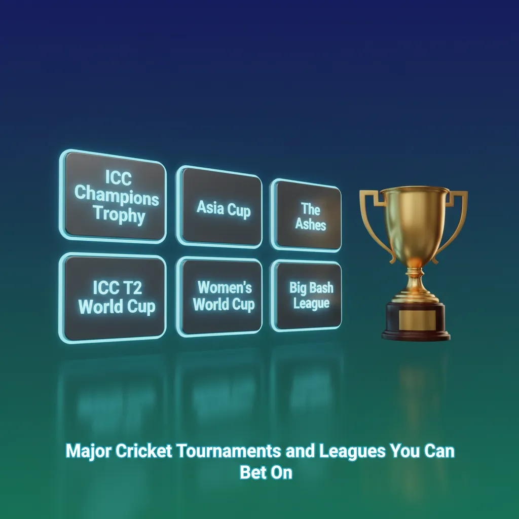 Cricket betting site graphic listing IPL, ODI & T20 World Cups, Ashes, Asia Cup, Ranji, BBL and PSL with live markets.