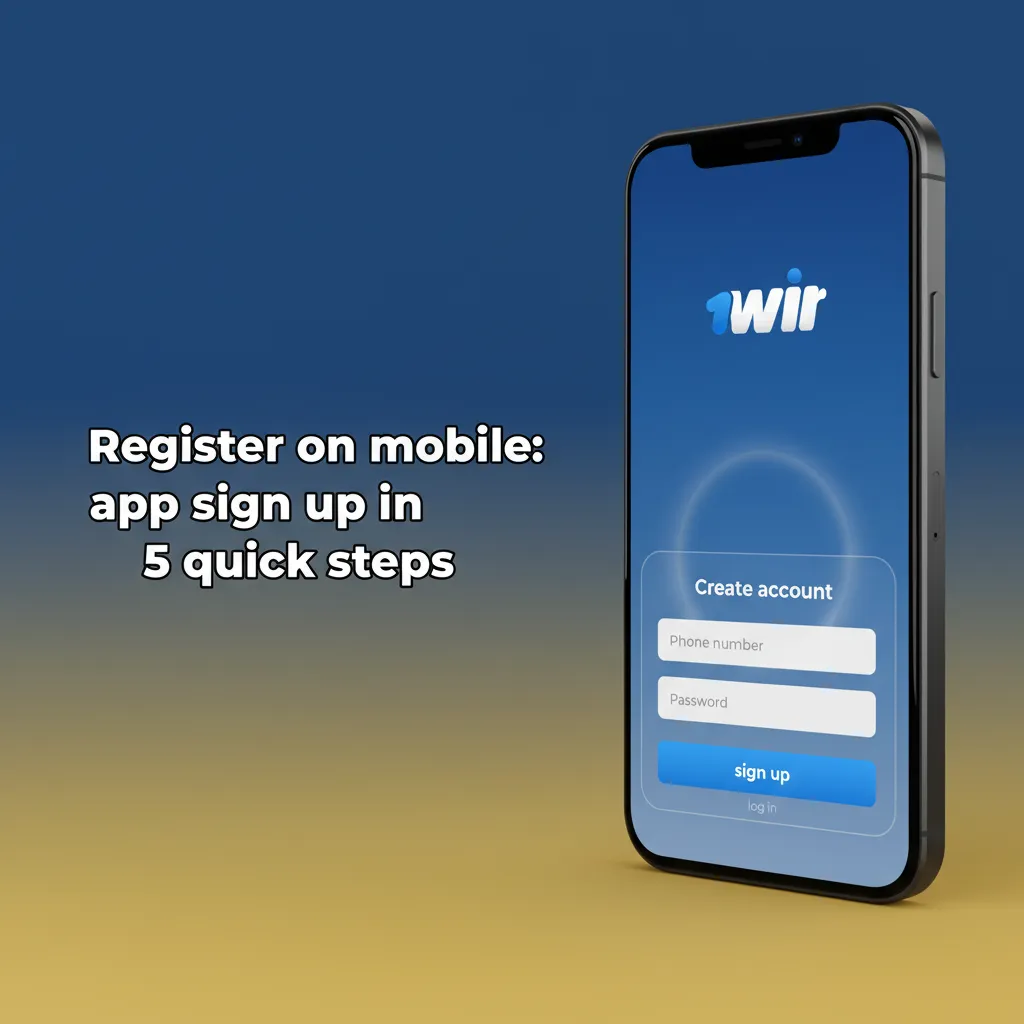 Mobile screen showing 1win app sign-up in 5 steps: download, open, choose method, enter details, set password.