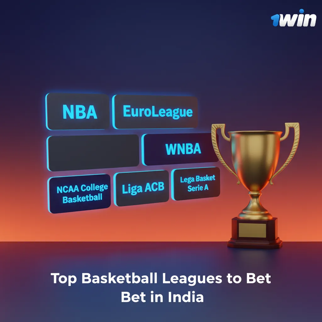 Graphic: Top Basketball Leagues to Bet in India, logos for NBA, WNBA, EuroLeague, NCAA, FIBA, Olympics, NBL, PBA