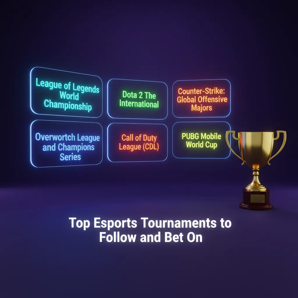 Graphic of top esports tournaments to follow: Dota 2, CS2, LoL, Valorant, Mobile Legends, SC2, and Rainbow Six Siege.