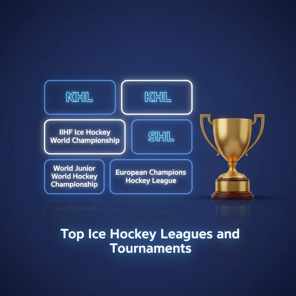 Infographic of top ice hockey leagues and tournaments with betting markets: NHL, KHL, IIHF Worlds, CHL, SHL, Liiga, AHL.