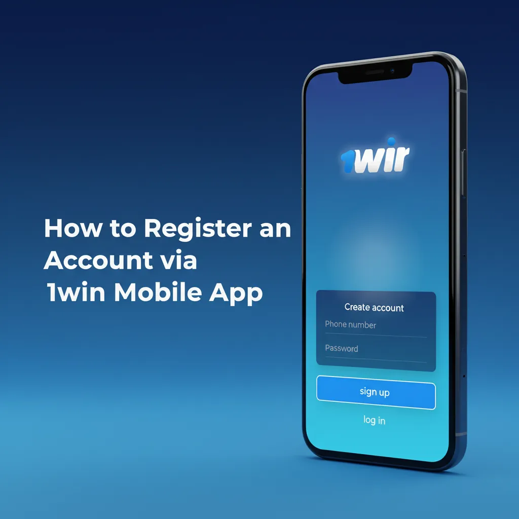 Smartphone with 1win app showing sign-up steps: choose method, enter details, select INR, verify via OTP or email.