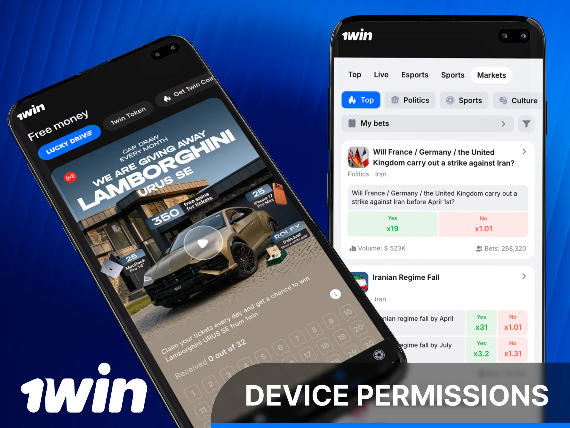 Grant necessary device permissions for the 1win Android App to function.