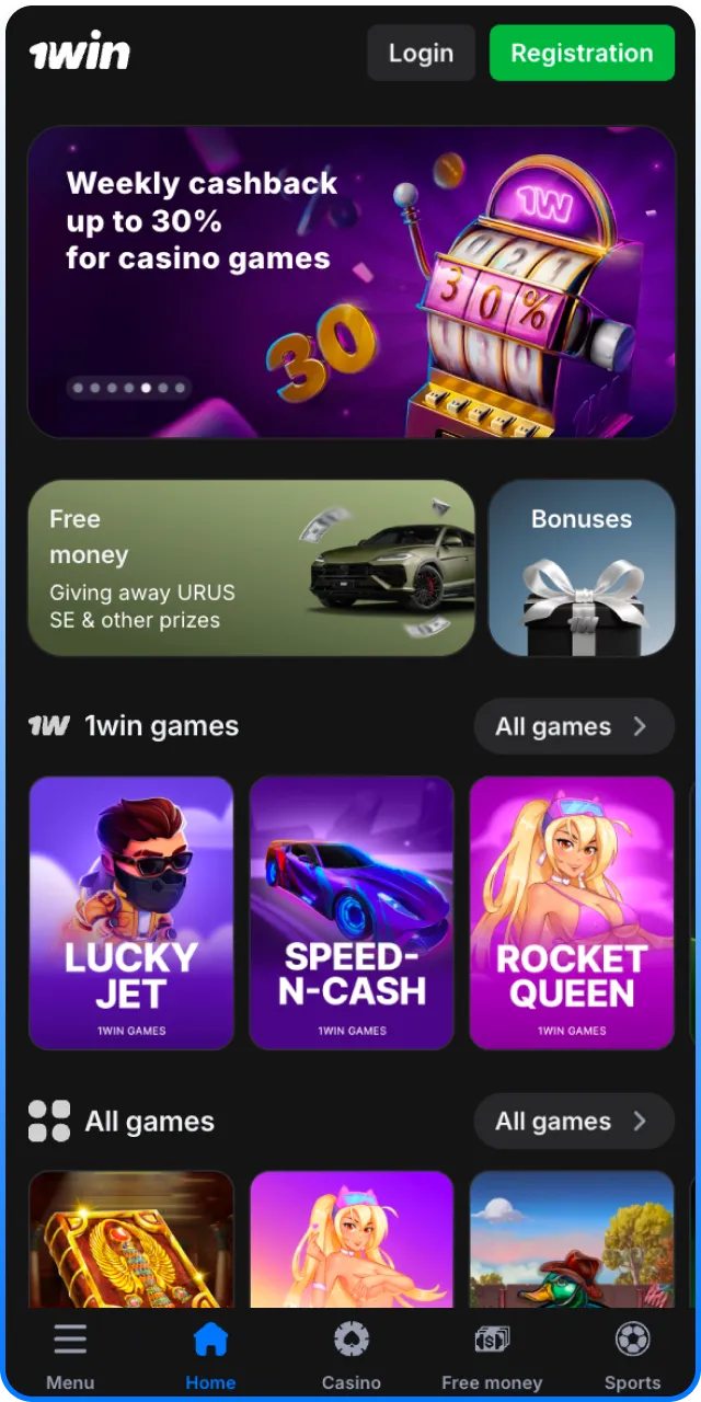 Check out the casino interface within the 1win Android App.