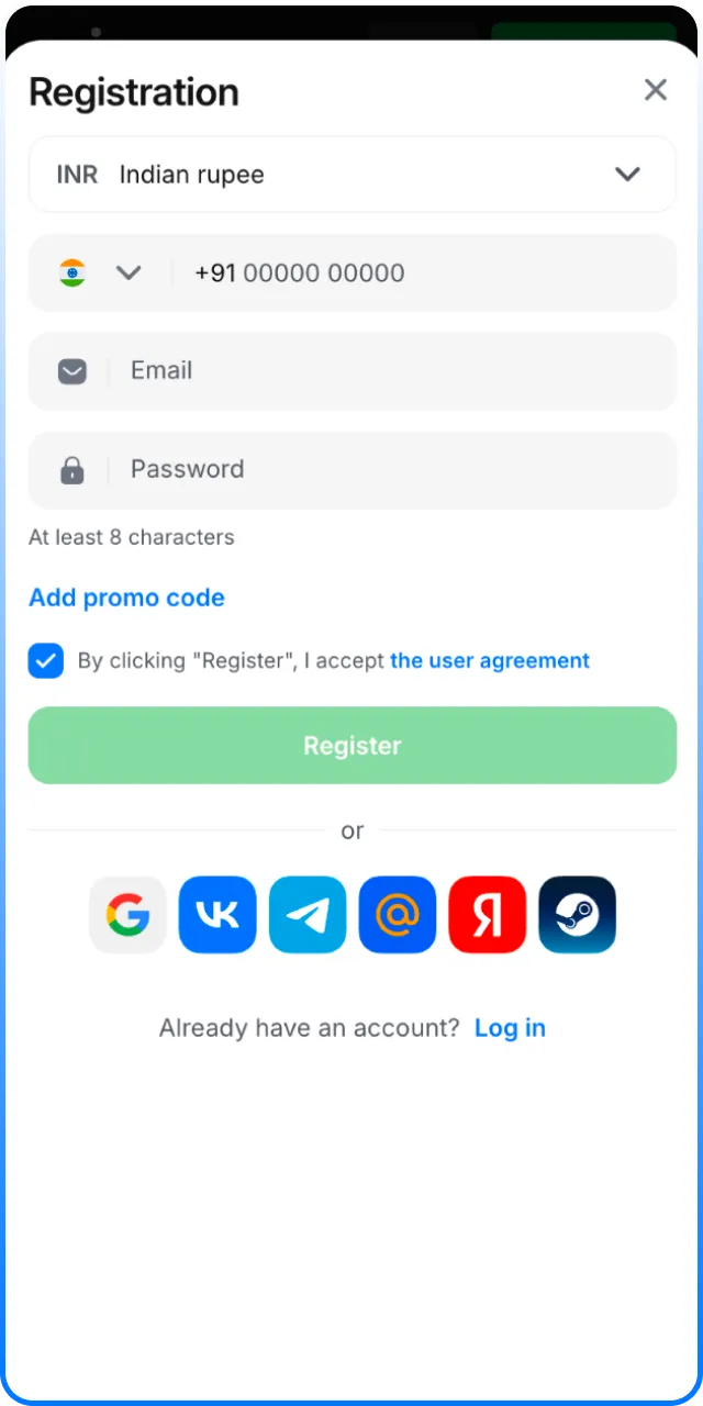 Look at the registration interface in the 1win Android App.