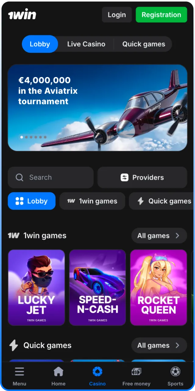 Explore the main page interface of the 1win Android App.