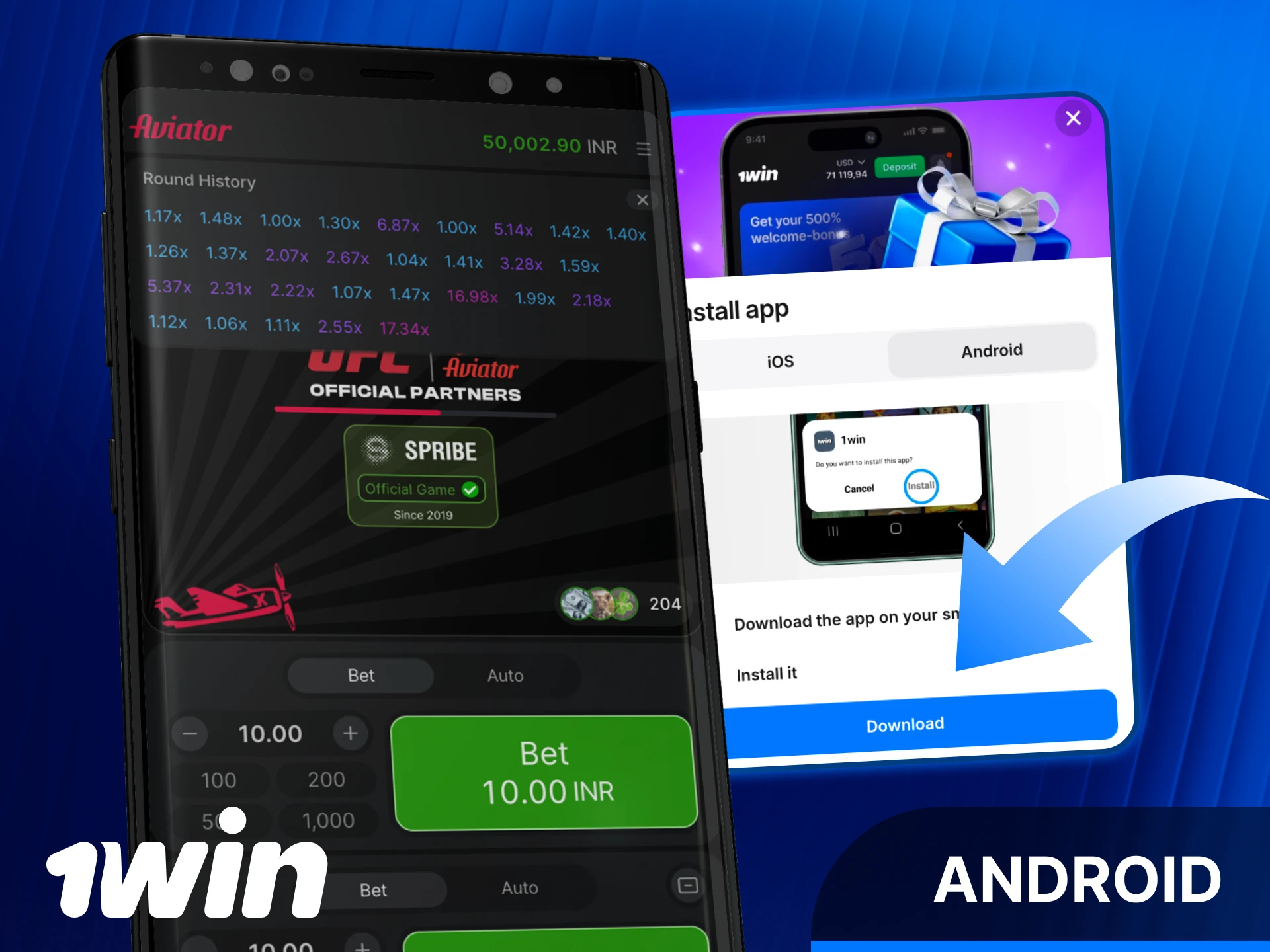 Download the 1win India APK to play the Aviator game.