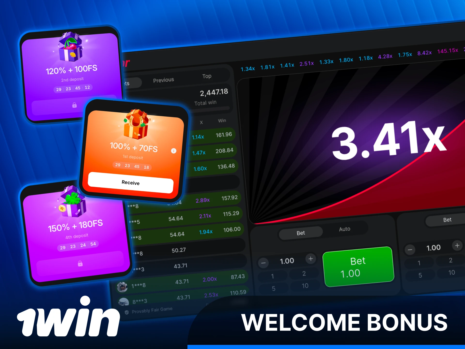 Claim a 1win India welcome bonus to play the Aviator game.