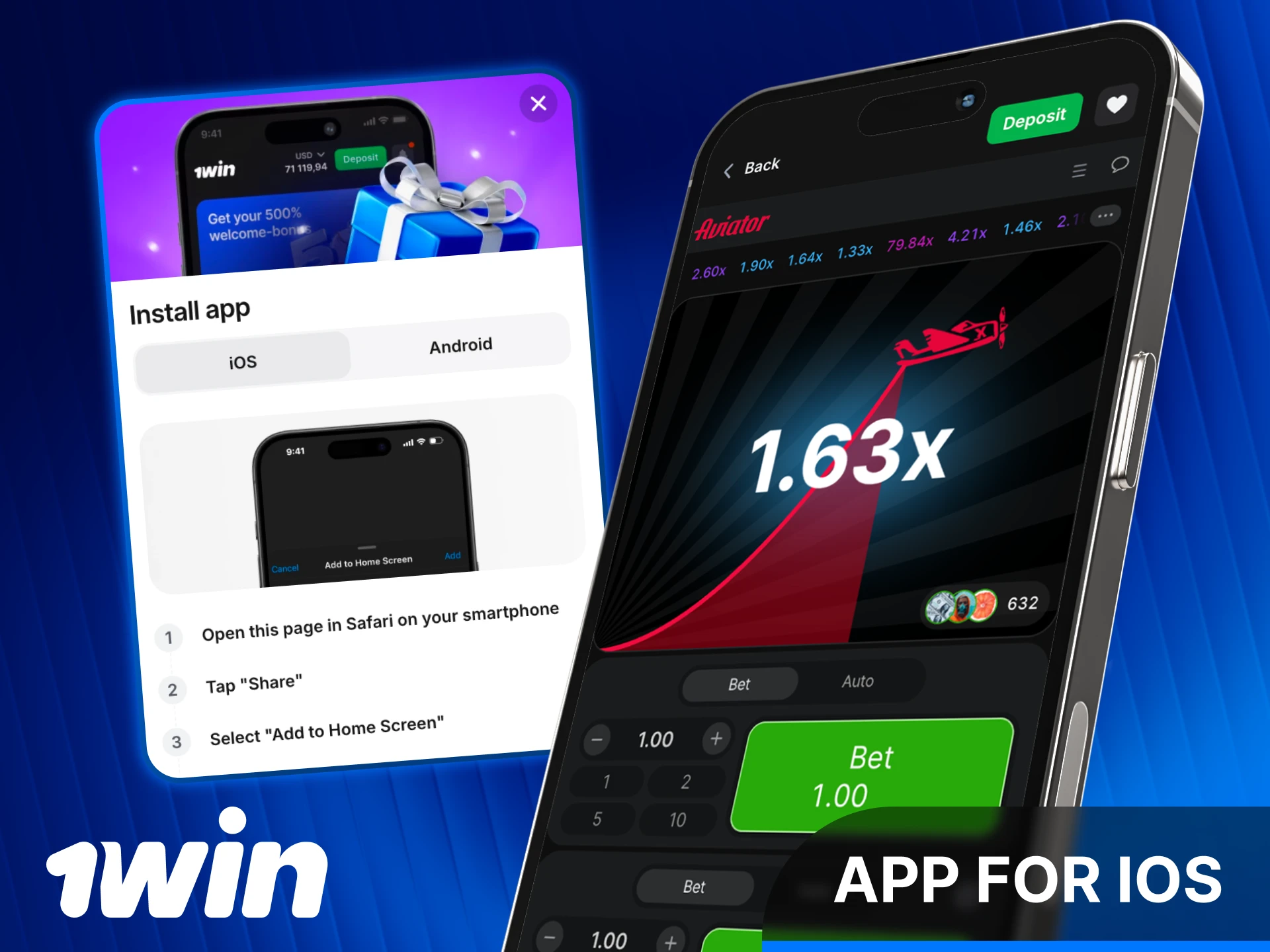 Install the 1win India app for iPhone to play Aviator.