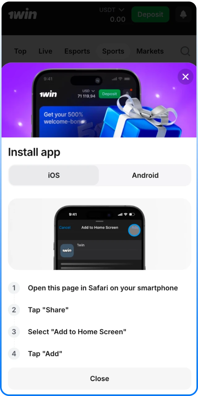 Install the 1win basketball app on your iOS device.