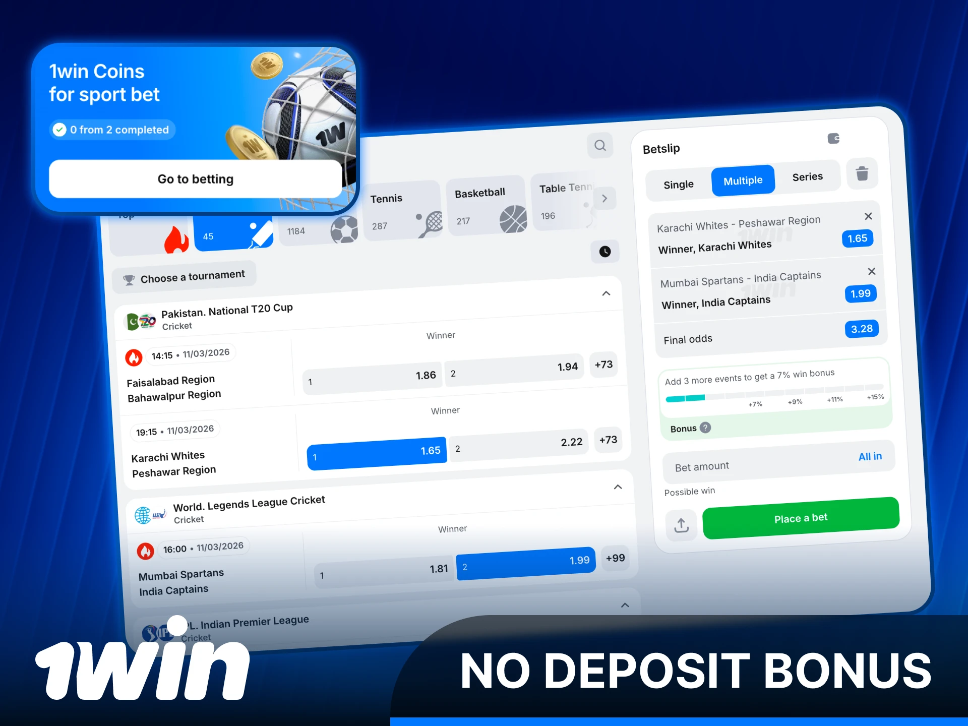 Activate a 1win cricket no deposit bonus for Indian players.