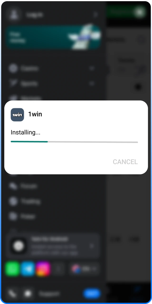 Wait for the 1Win cricket download to finish successfully.