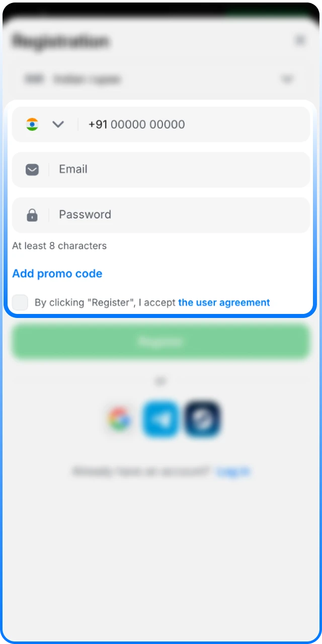 Fill out the 1win cricket registration form with your details.