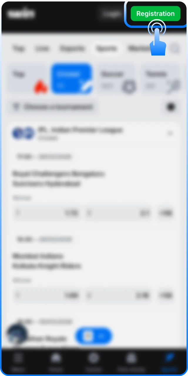 Open the official 1win cricket registration form to start betting.