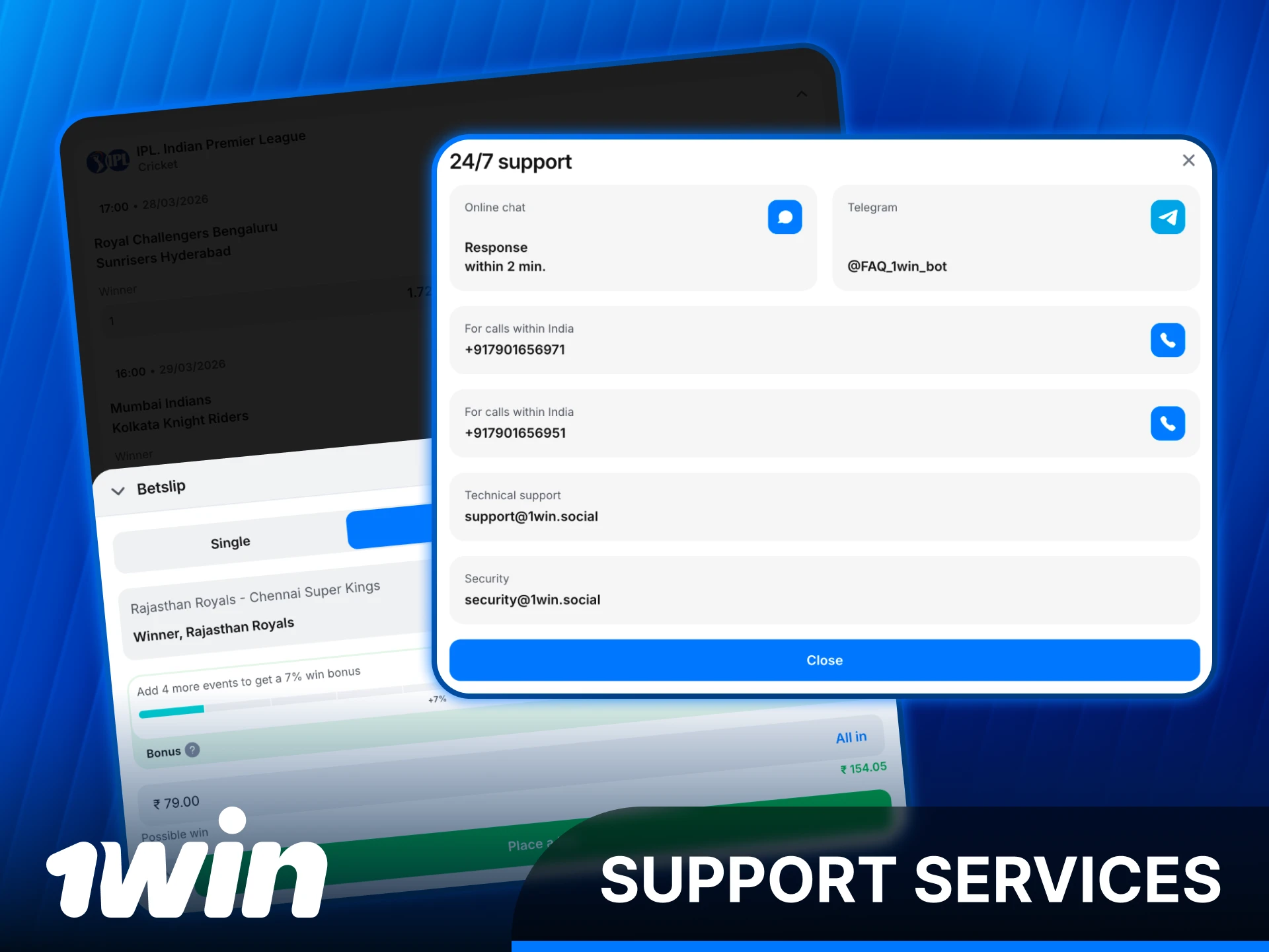 Contact help and support services for 1win cricket betting issues.