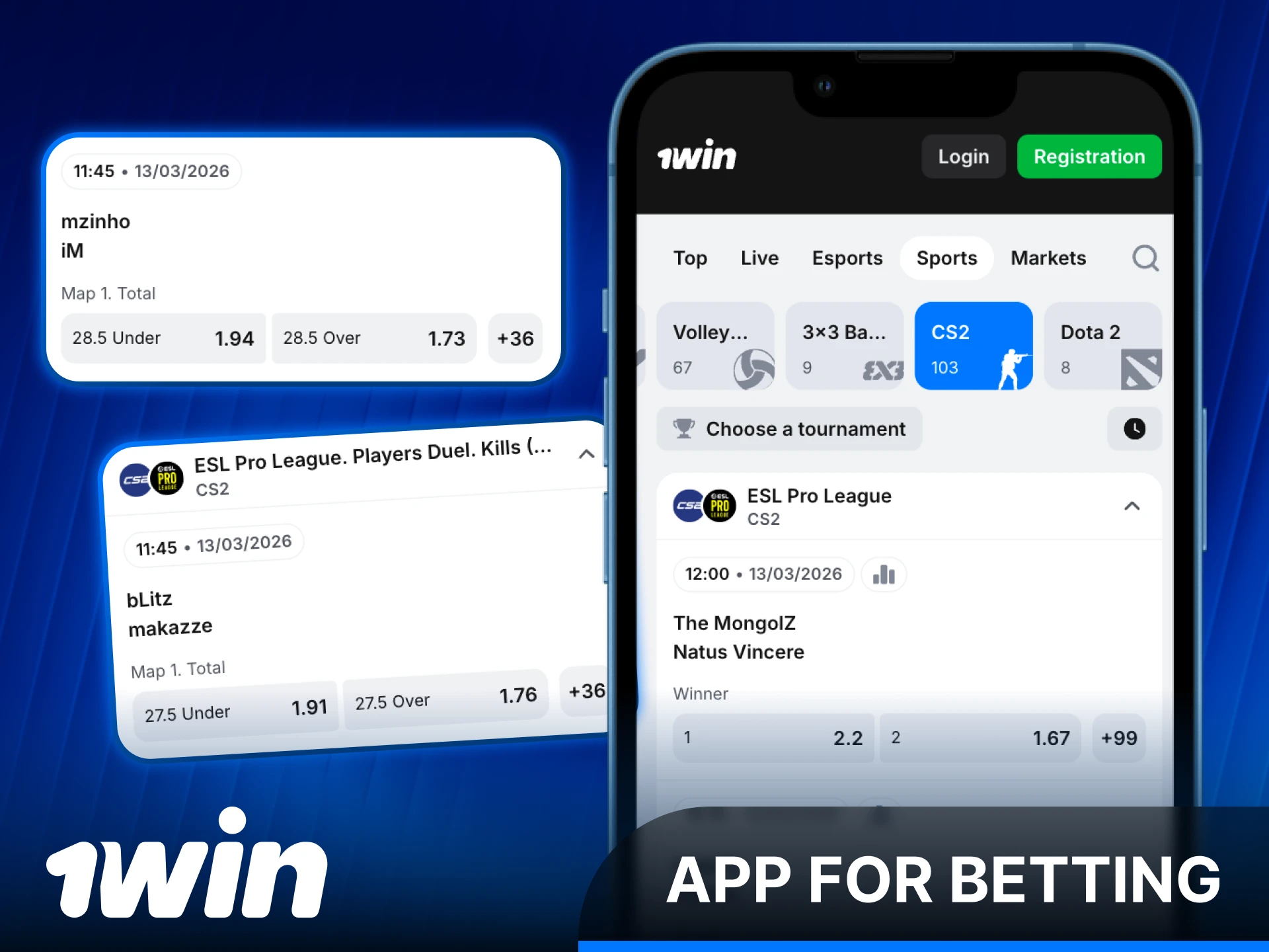Download the 1win App to bet on CS2 matches on mobile.