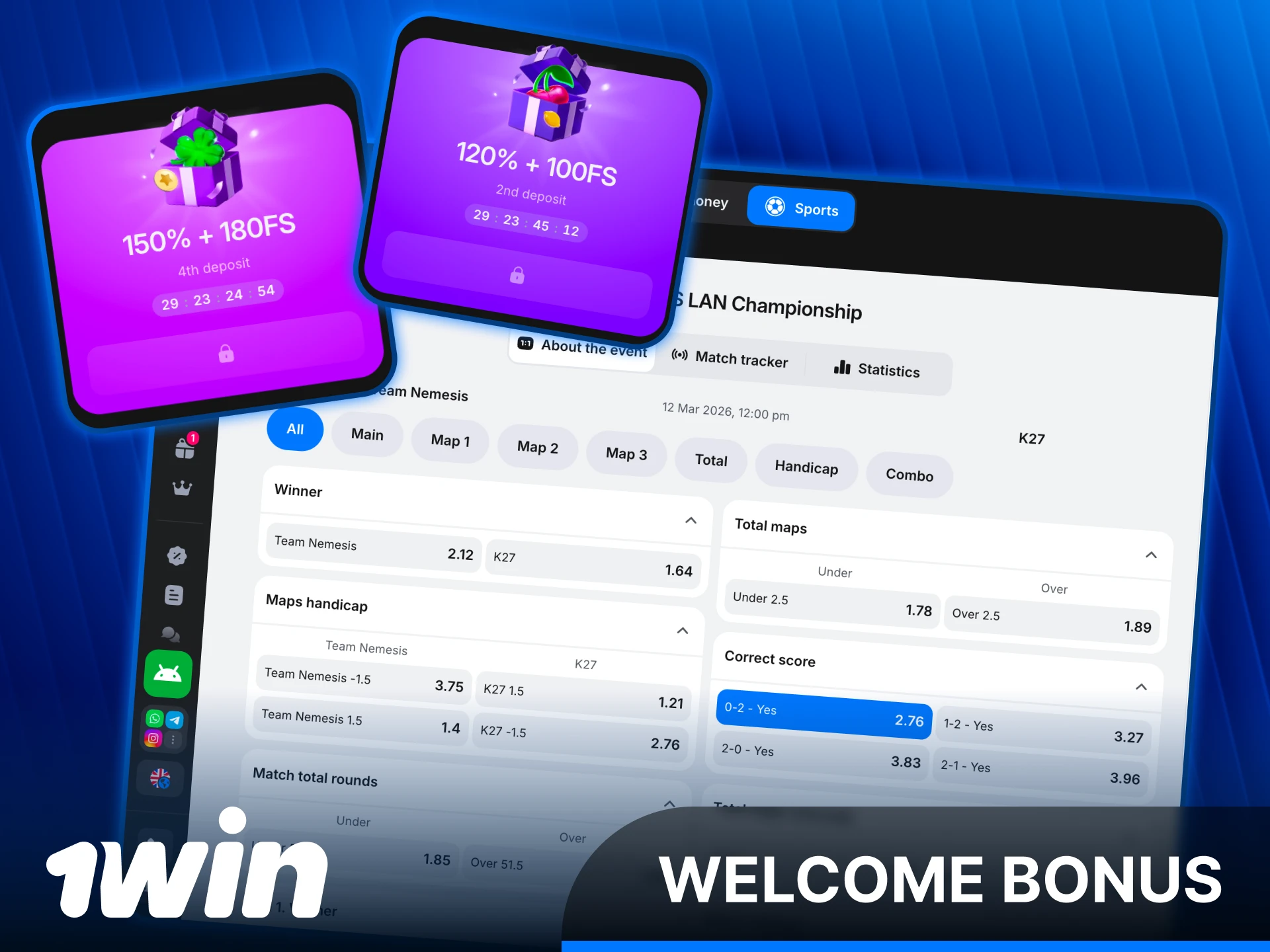 Download the 1win App to bet on CS2 matches on mobile.
