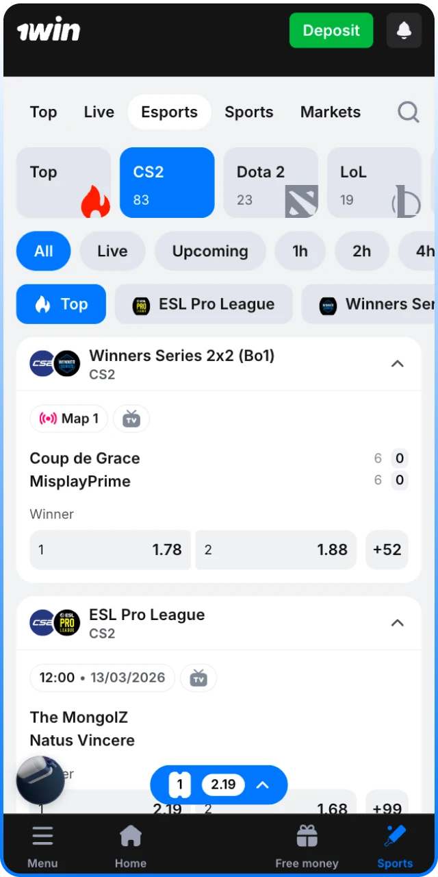 Place your first CS2 bet and win at 1win.