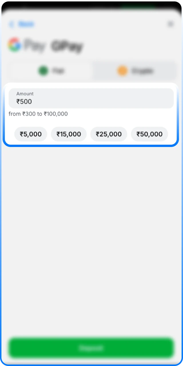 Enter the 1win Deposit amount you wish to add.