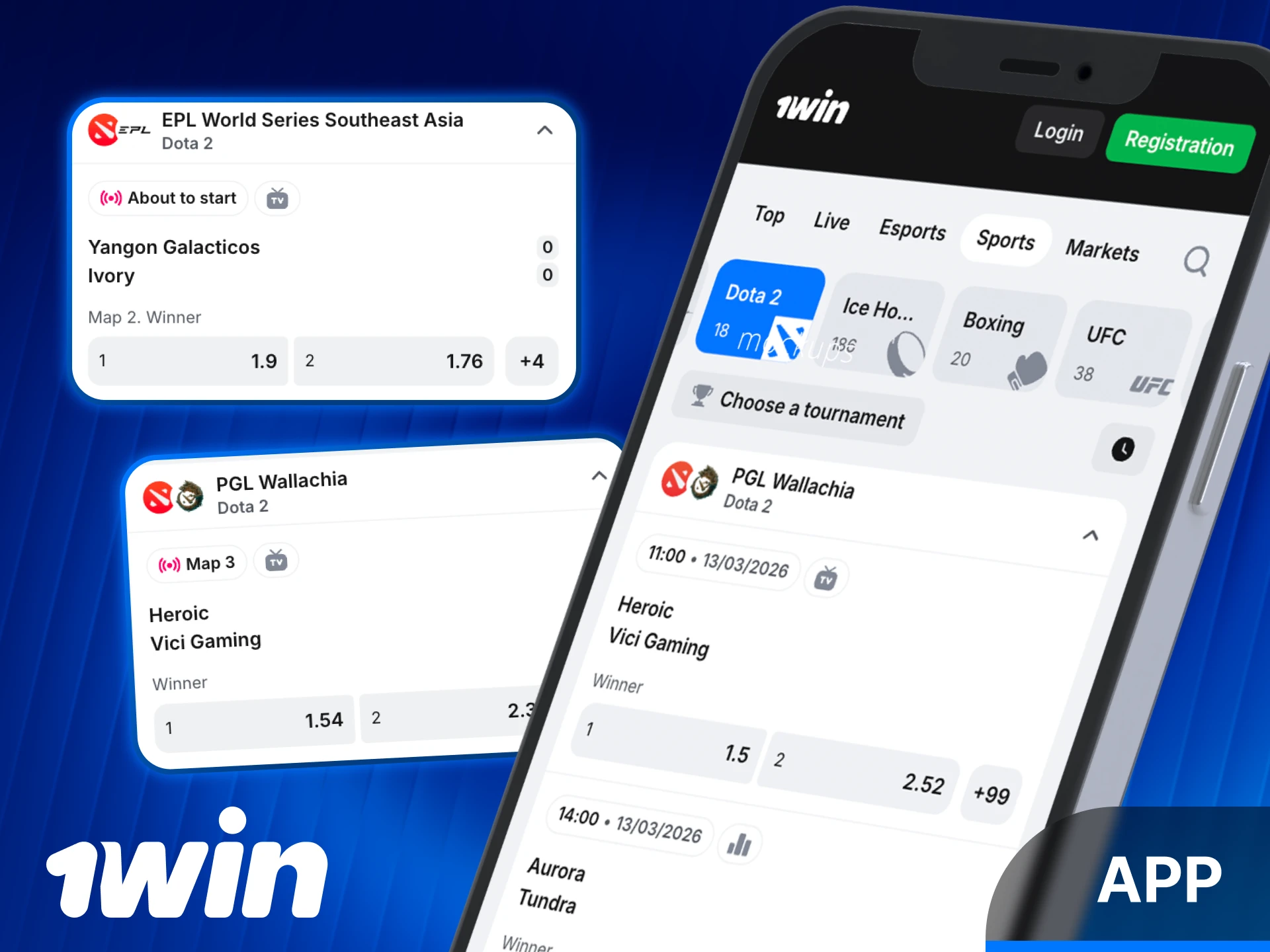 Download the 1win App to bet on Dota 2 matches anywhere.