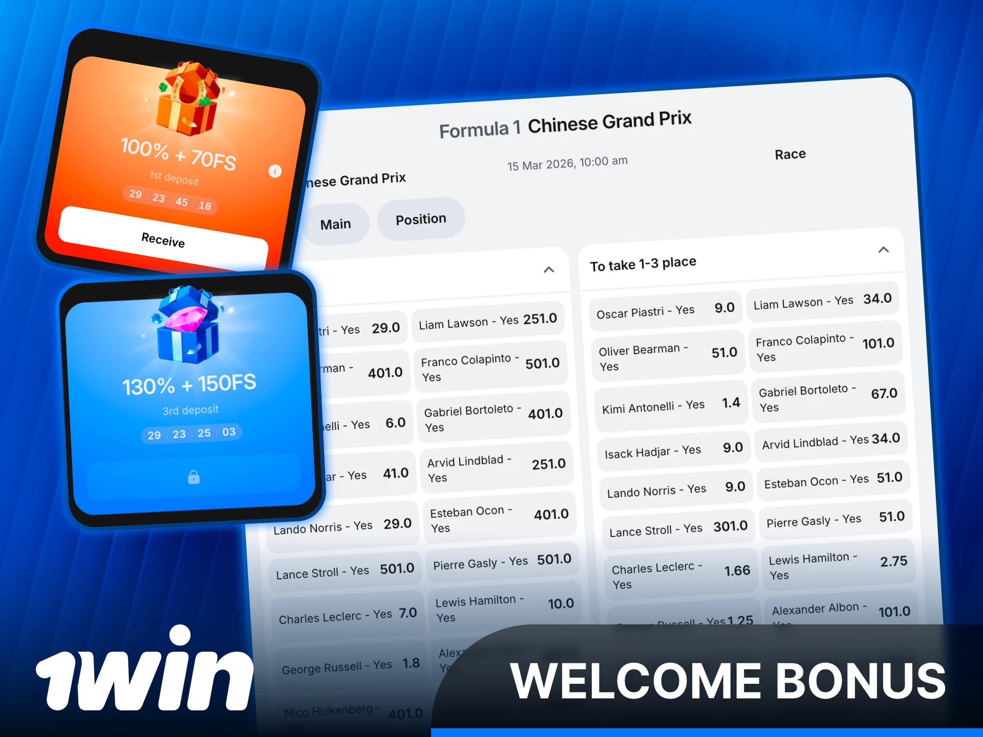Claim a generous 1win sports welcome bonus to bet on Formula 1.