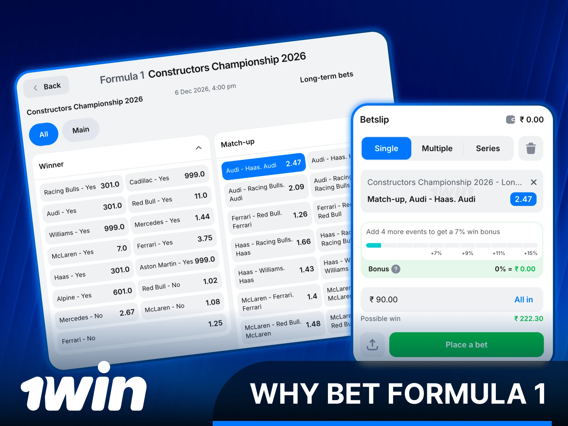Join 1win India for the most competitive Formula 1 wagering odds.