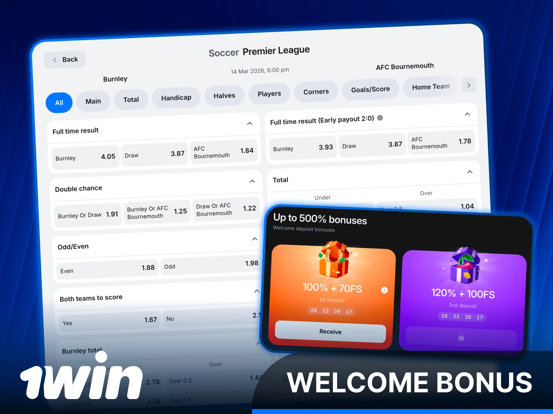 Claim a generous 1win welcome bonus to play Football betting markets.