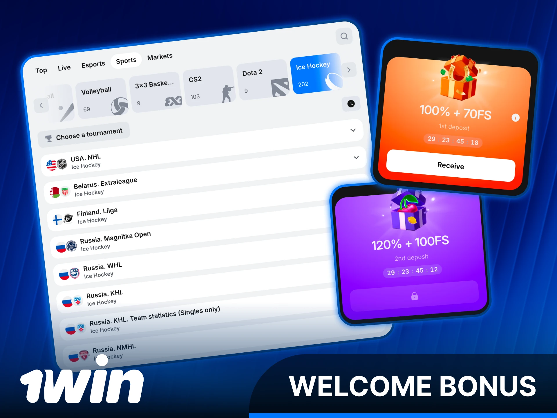 Claim a generous 1win sports welcome bonus to bet on Hockey.