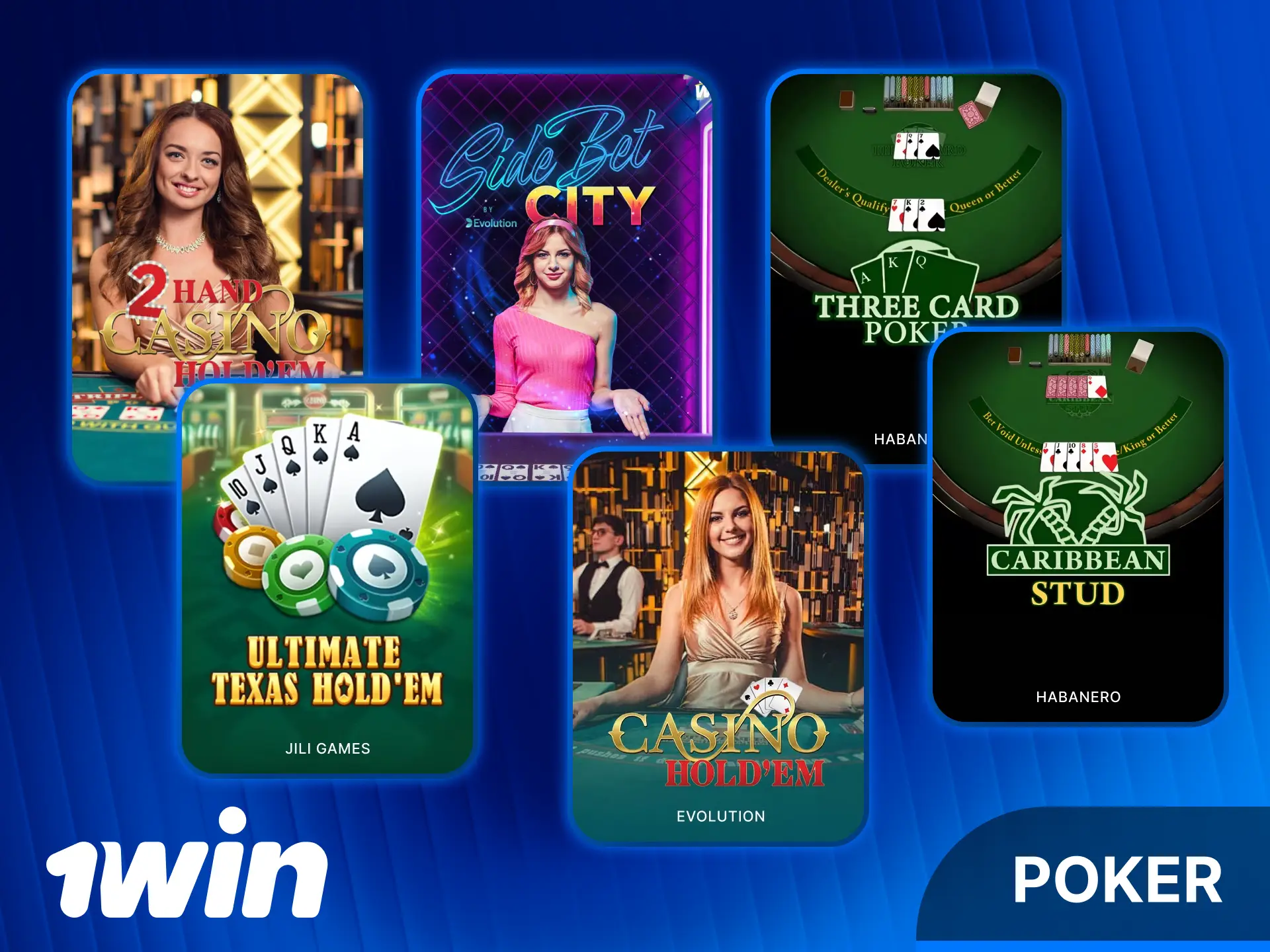 Test your skills in various Live Casino Poker rooms at 1win.