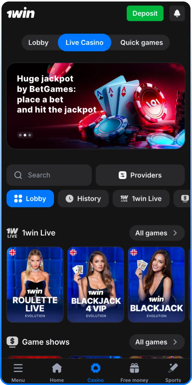 Play 1win Live Casino games on mobile or the app.