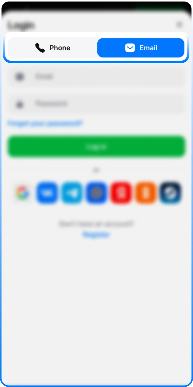 Select your preferred 1win Login method via social or email.