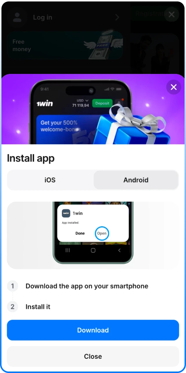 Download the 1win Login app from the official mobile site.