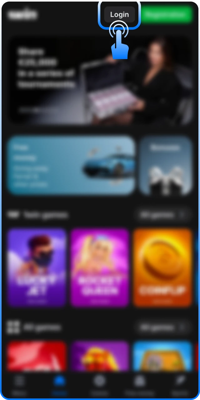 Open the application and tap the 1win Login button.