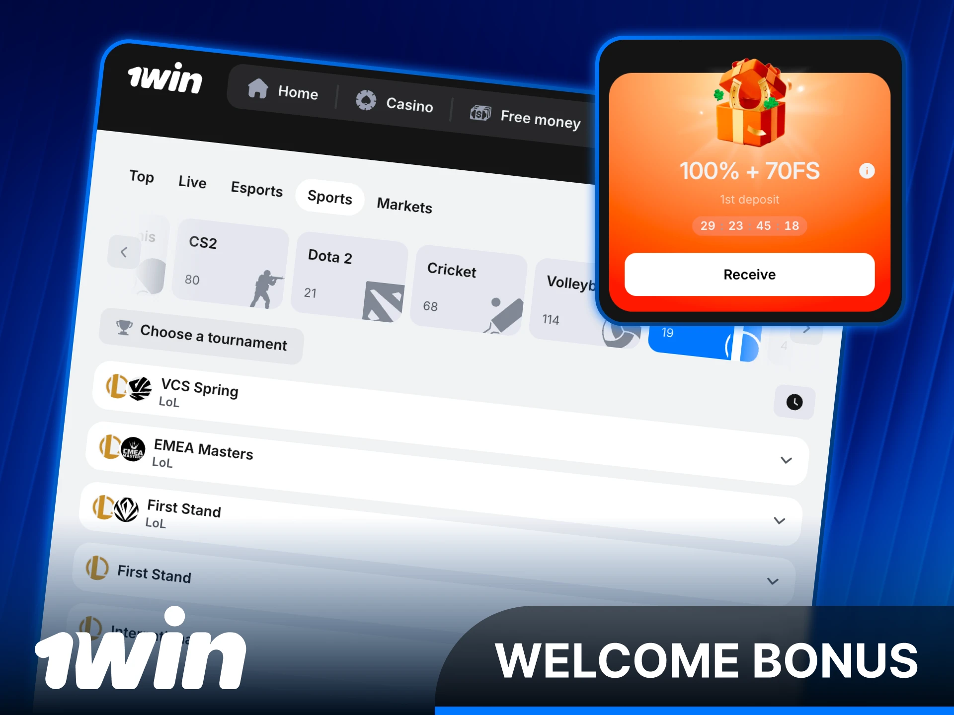 Claim a generous 1win welcome bonus to play League of Legends.