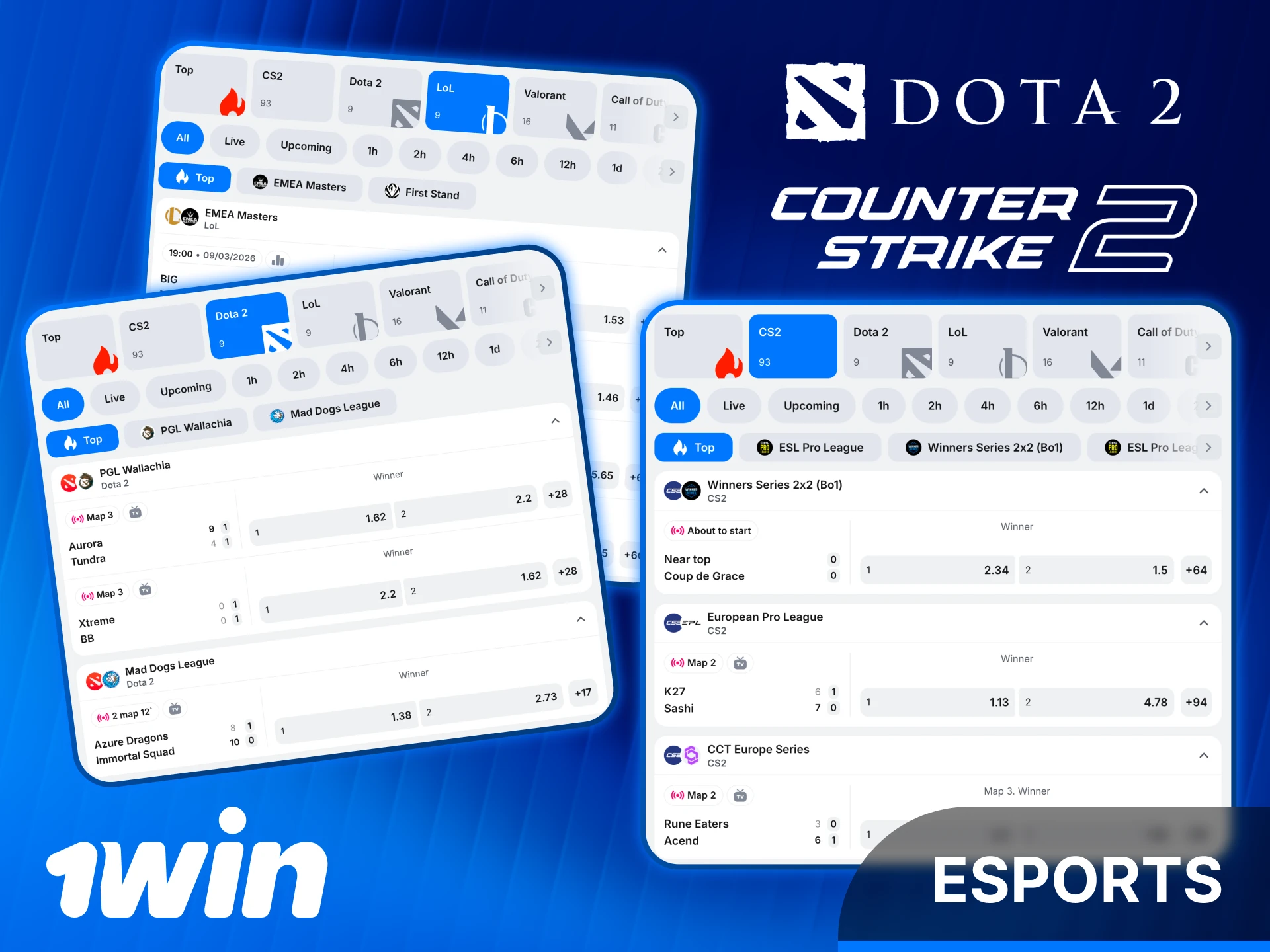 Start betting on competitive esports matches at 1win India.