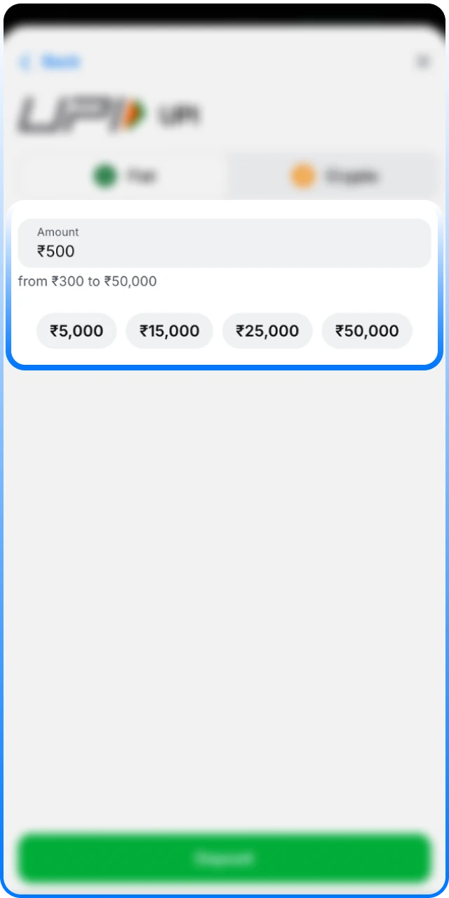 Enter your payment details for a 1win India deposit.