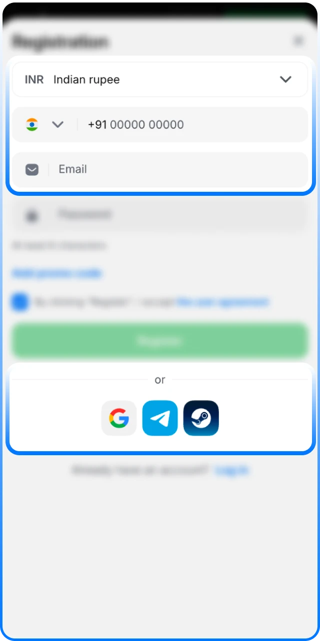 Select your preferred registration method for 1Win India.