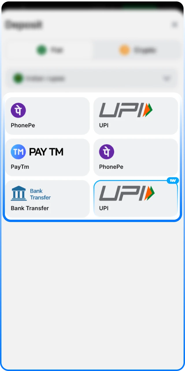 Select a payment system to use with your 1win Promo Code.