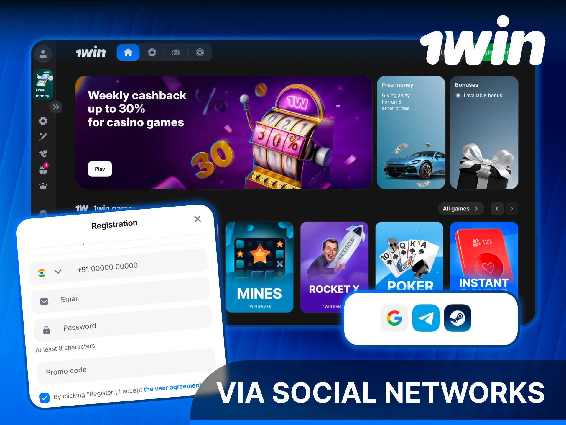Connect via social networks for a fast 1win Registration experience.