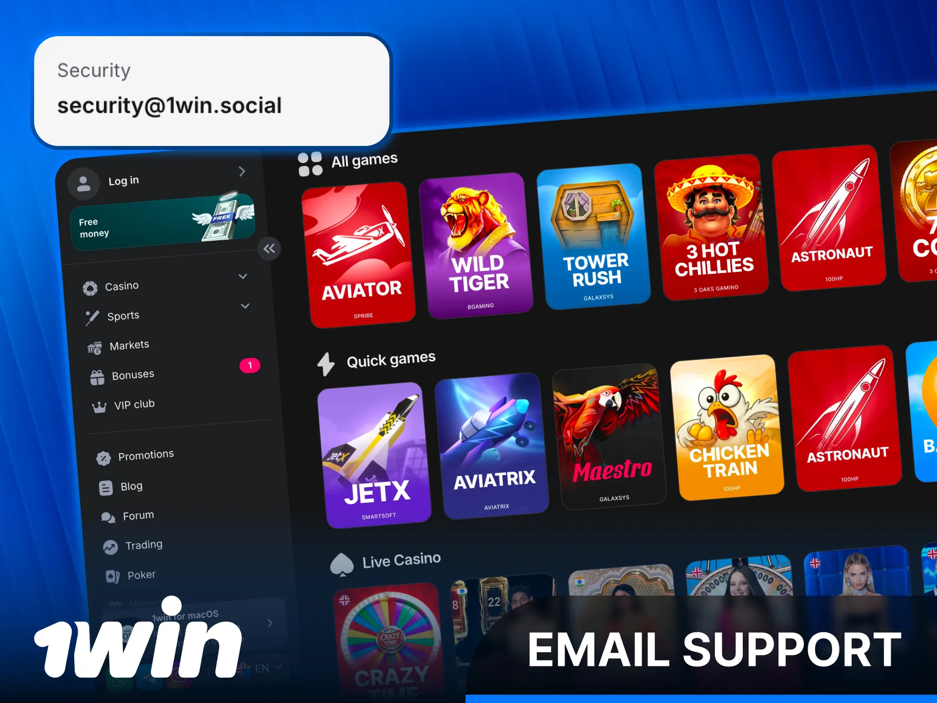 Contact 1win Support via email for detailed account cases.