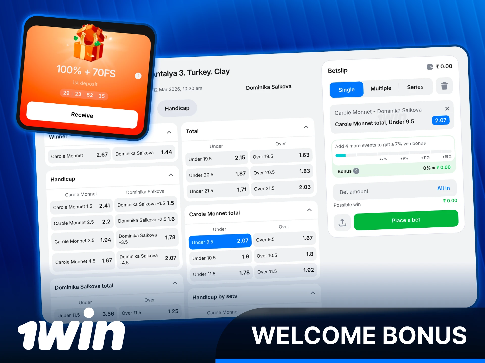 Claim a generous 1win sports welcome bonus to bet on Tennis matches.