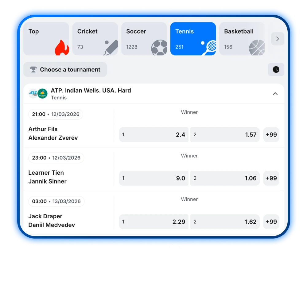 Bet on tennis market on the 1win online casino.